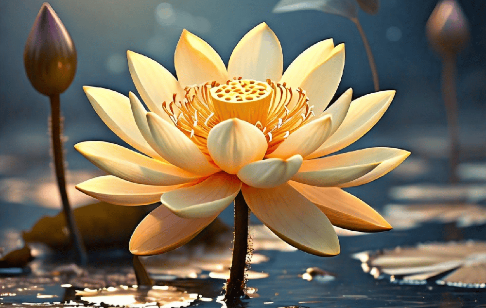 A lotus flower in a muddy pond, with a serene background